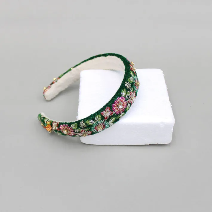 Online Green Velvet Floral Embroidered Hairband Hair Accessories | Hair Bands