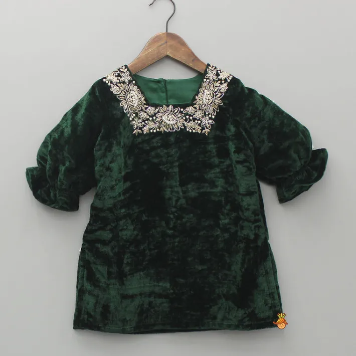 Sale Green Velvet Zardozi Embroidered Kurti And Pant Ethnic Wear | Churidars & Salwars