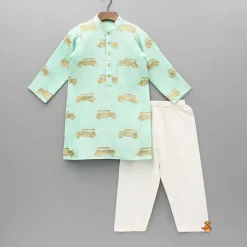 Fashion Green Vintage Car Zari Embroidered Kurta And Pyjama BOY Indian Ethnic Wear | Ethnic Sets