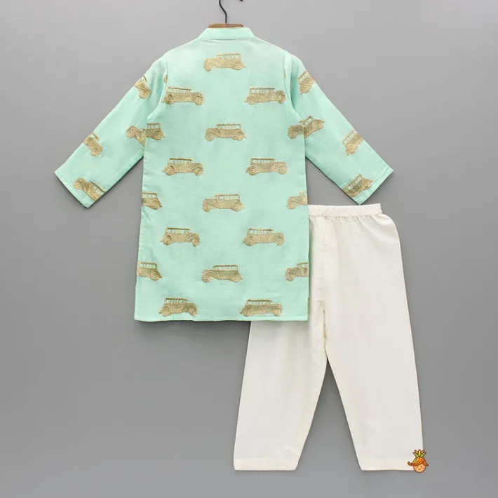 Fashion Green Vintage Car Zari Embroidered Kurta And Pyjama BOY Indian Ethnic Wear | Ethnic Sets