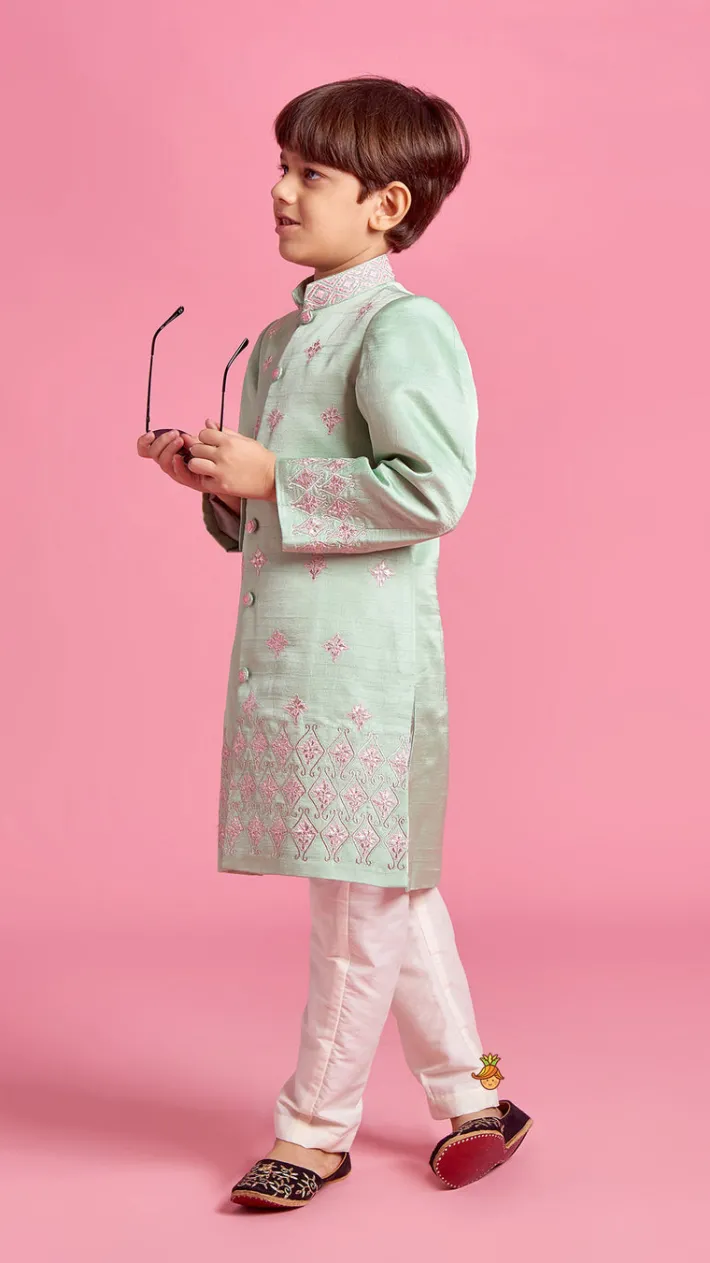 Discount Green Zari And Thread Embroidered Sherwani With Pyjama BOY Indian Ethnic Wear | Sherwani Sets