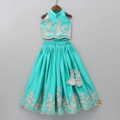 Sale Halter Neck Embroidered Top With Embroidered Lehenga Twinning Sets | Ethnic Wear