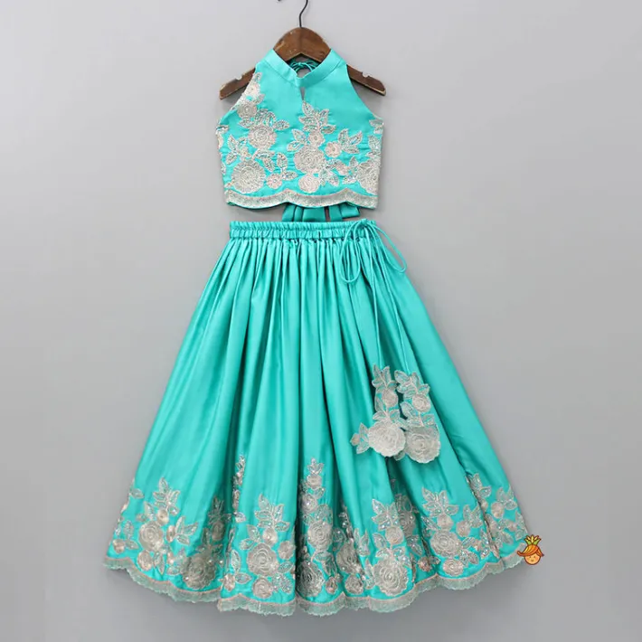 Sale Halter Neck Embroidered Top With Embroidered Lehenga Twinning Sets | Ethnic Wear