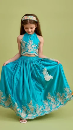 Sale Halter Neck Embroidered Top With Embroidered Lehenga Twinning Sets | Ethnic Wear