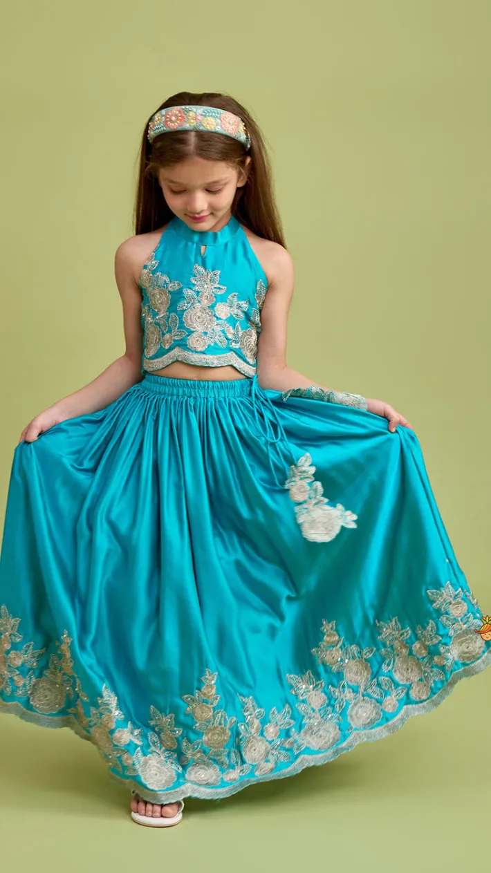 Sale Halter Neck Embroidered Top With Embroidered Lehenga Twinning Sets | Ethnic Wear