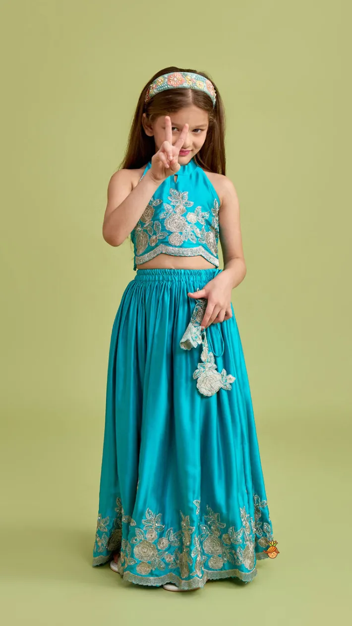 Sale Halter Neck Embroidered Top With Embroidered Lehenga Twinning Sets | Ethnic Wear