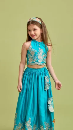 Sale Halter Neck Embroidered Top With Embroidered Lehenga Twinning Sets | Ethnic Wear