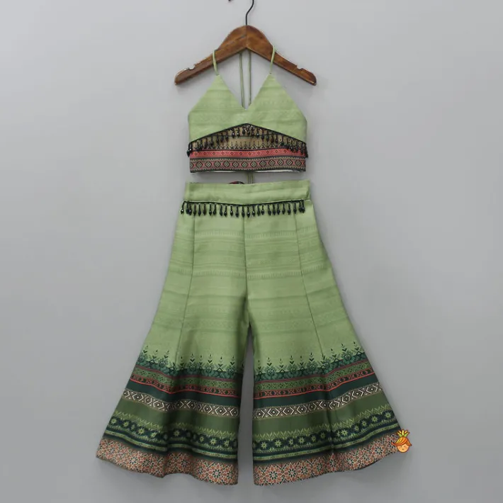 Clearance Halter Neck Green Top And Palazzo With Potli Bag Ethnic Wear | Palazzos & Shararas