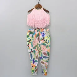 Hot Halter Neck Open Back Peach Top And Printed Multicolour Dhoti Style Tulip Pant Ethnic Wear | Dhotis & Patialas
