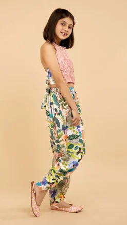 Hot Halter Neck Open Back Peach Top And Printed Multicolour Dhoti Style Tulip Pant Ethnic Wear | Dhotis & Patialas