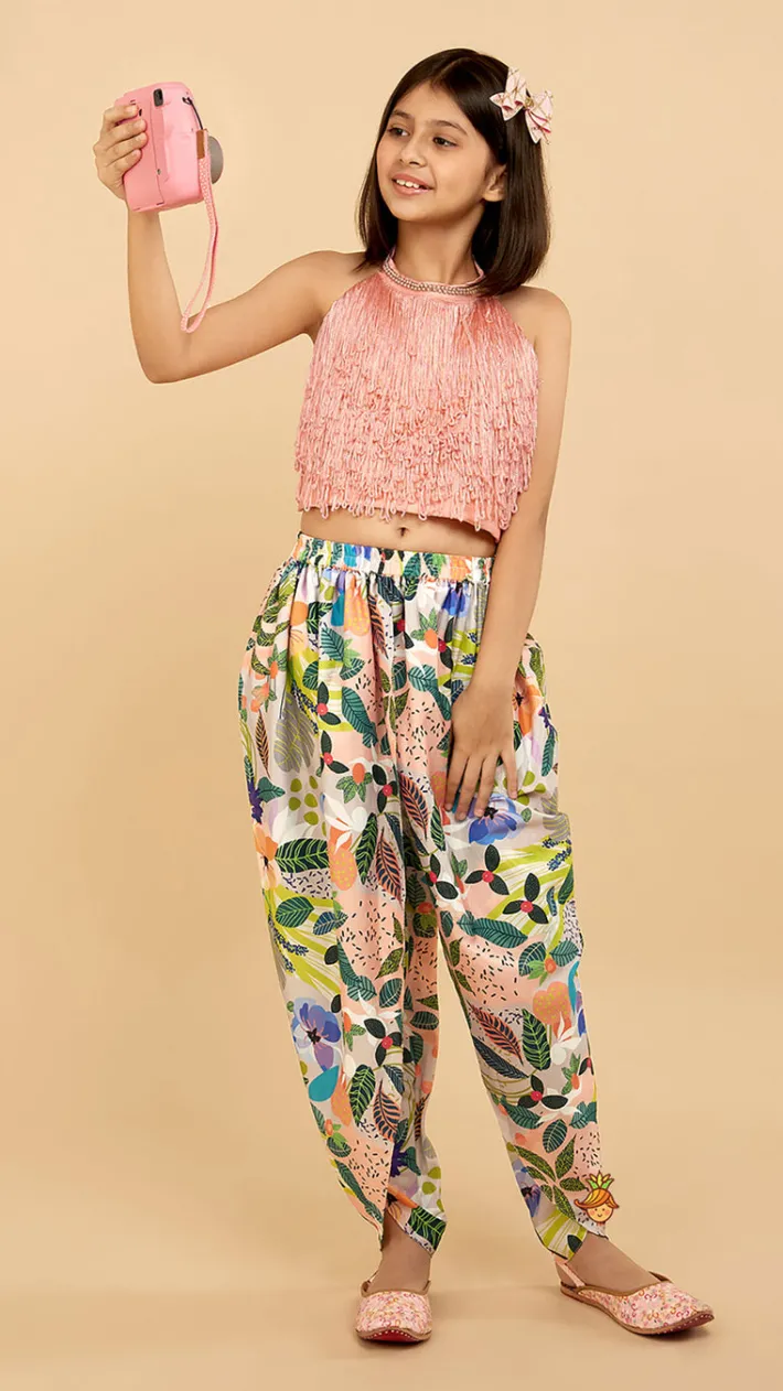 Hot Halter Neck Open Back Peach Top And Printed Multicolour Dhoti Style Tulip Pant Ethnic Wear | Dhotis & Patialas