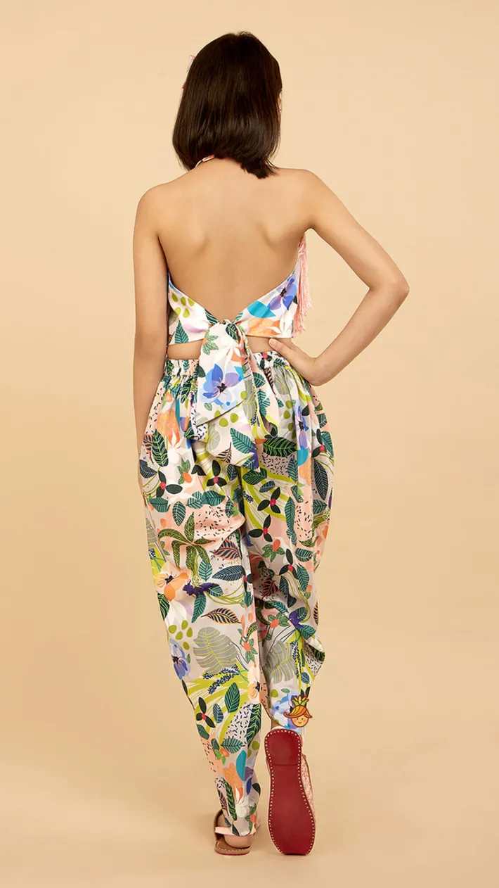 Hot Halter Neck Open Back Peach Top And Printed Multicolour Dhoti Style Tulip Pant Ethnic Wear | Dhotis & Patialas