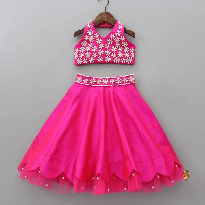Discount Halter Neck Pink Floral Embroidered Top And Scalloped Hem Lehenga With Flat Back Pearls Enhanced Ruffle Dupatta Ethnic Wear | Lehengas & Ghagras