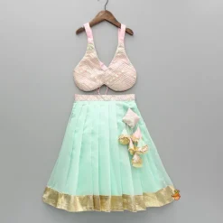 Outlet Halter Neck Stylish Embroidered Top With Pleated Lehenga And Dupatta Ethnic Wear | Lehengas & Ghagras