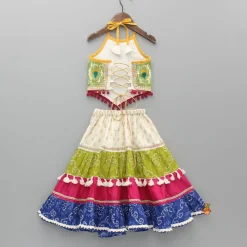 Outlet Halter Neck Thread Embroidered Top And Multi Printed Lehenga Ethnic Wear | Lehengas & Ghagras