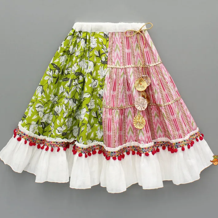 Hot Halter Neck Thread Embroidered Top And Frilly Hem Multicolour Lehenga Ethnic Wear | Lehengas & Ghagras