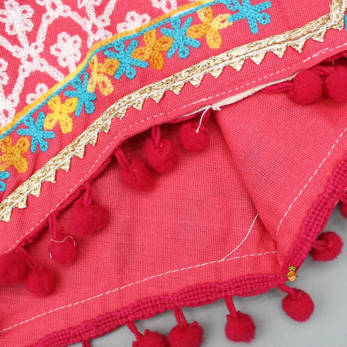 Hot Halter Neck Thread Embroidered Top And Frilly Hem Multicolour Lehenga Ethnic Wear | Lehengas & Ghagras