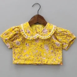 Outlet Hand Block Floral Printed Peter Pan Collar Detailed Top And Lehenga With Attached Sling Bag Ethnic Wear | Lehengas & Ghagras