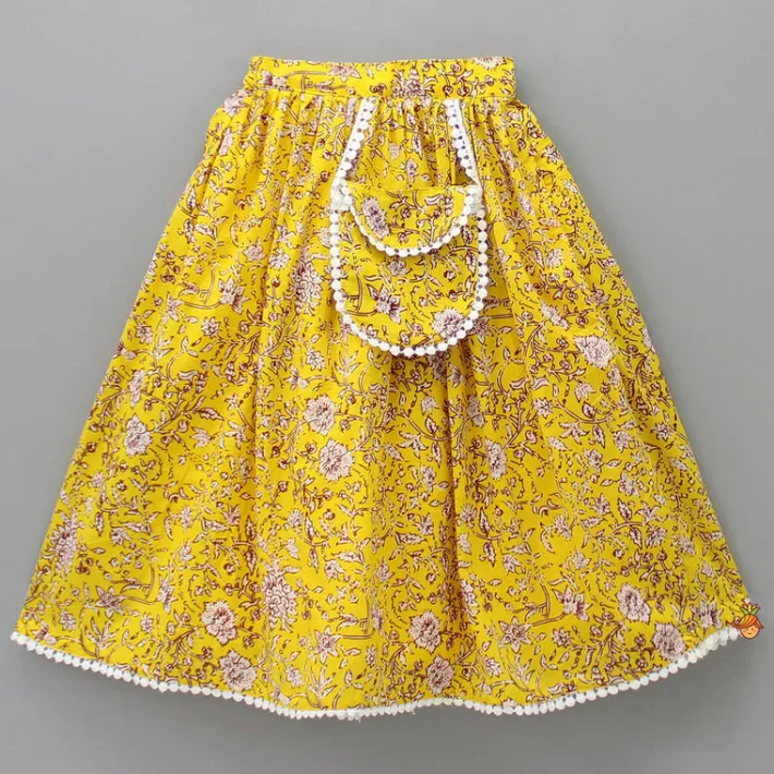 Outlet Hand Block Floral Printed Peter Pan Collar Detailed Top And Lehenga With Attached Sling Bag Ethnic Wear | Lehengas & Ghagras