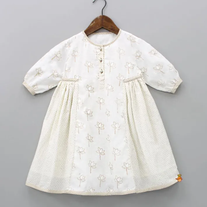 Hot Hand Block Lotus And Polka Dots Printed Potli Buttons Detail Off White Dress Dresses & Sets | Dresses