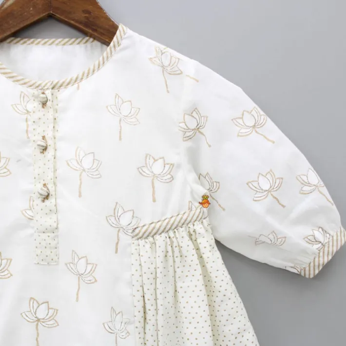 Hot Hand Block Lotus And Polka Dots Printed Potli Buttons Detail Off White Dress Dresses & Sets | Dresses