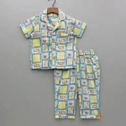 Fashion Hand Block Printed Multicolour Notch Collar Top And Pyjama BOY Sleep Wear | Sleepwear