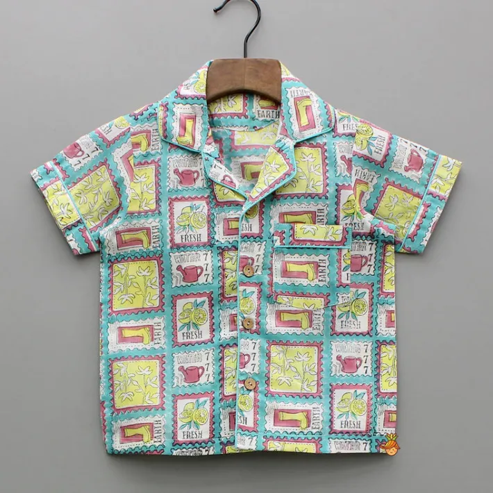 Fashion Hand Block Printed Multicolour Notch Collar Top And Pyjama BOY Sleep Wear | Sleepwear