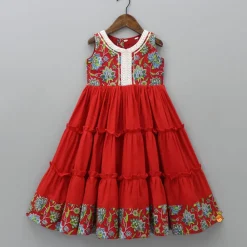 Outlet Hand Block Printed Yoke Tiered Red Kurti Ethnic Wear | Kurtis & Jumpsuits