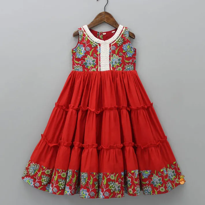 Outlet Hand Block Printed Yoke Tiered Red Kurti Ethnic Wear | Kurtis & Jumpsuits