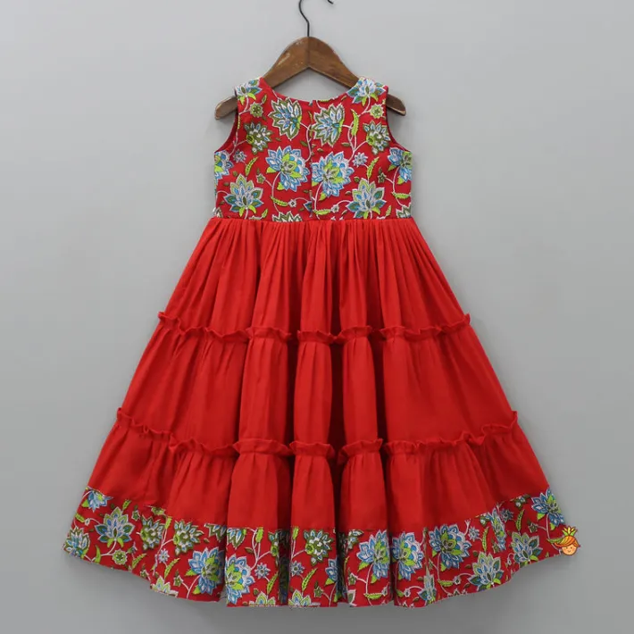 Outlet Hand Block Printed Yoke Tiered Red Kurti Ethnic Wear | Kurtis & Jumpsuits