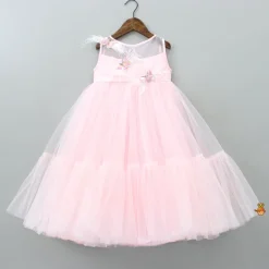 Fashion Handmade Butterfly Embroidered Ruffle Pink Net Gown Dresses & Sets | Gowns