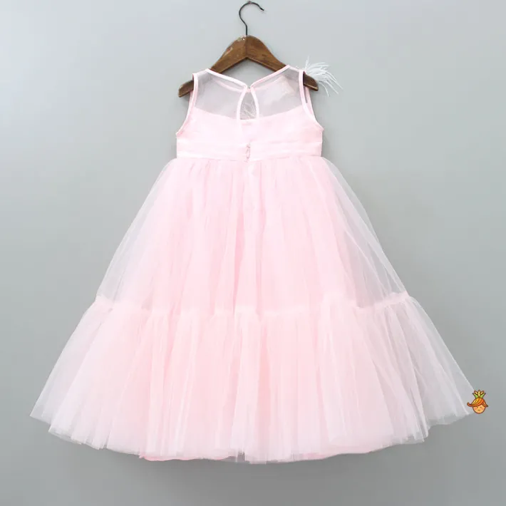 Fashion Handmade Butterfly Embroidered Ruffle Pink Net Gown Dresses & Sets | Gowns