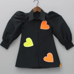 Outlet Heart Patch Work Black Collared Neck Dress Dresses & Sets | Dresses