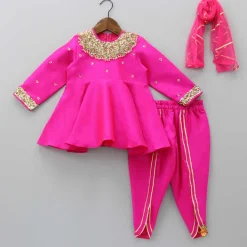 Discount Heavy Embroidered Neckline Pink Kurti And Dhoti With Dupatta Ethnic Wear | Dhotis & Patialas