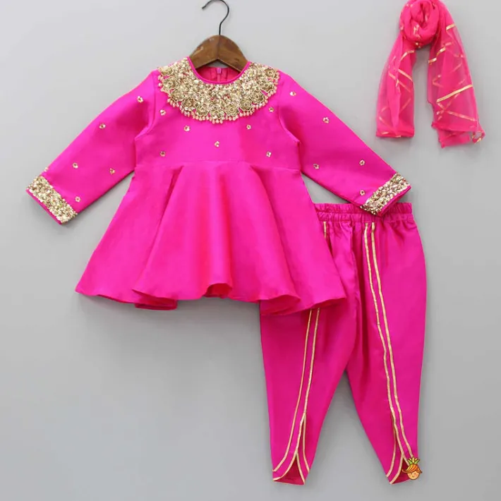 Discount Heavy Embroidered Neckline Pink Kurti And Dhoti With Dupatta Ethnic Wear | Dhotis & Patialas