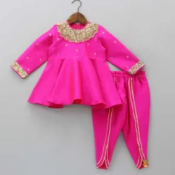 Discount Heavy Embroidered Neckline Pink Kurti And Dhoti With Dupatta Ethnic Wear | Dhotis & Patialas