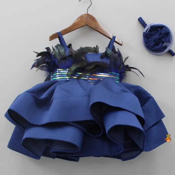 Hot Holographic Lace Detailed Ruffle Layered Blue Dress With Head Band Dresses & Sets | Dresses