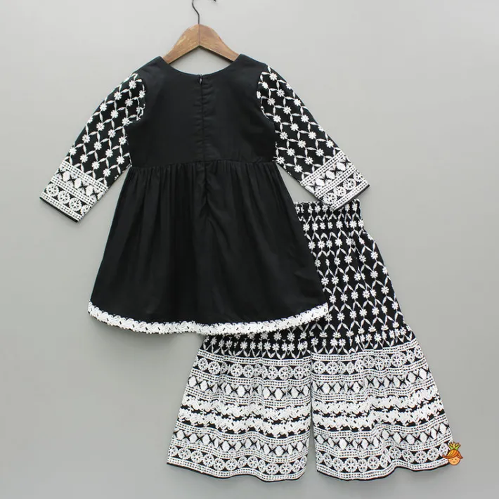 Online Intricate Embroidered Front Slit Black Kurti And Sharara Ethnic Wear | Palazzos & Shararas