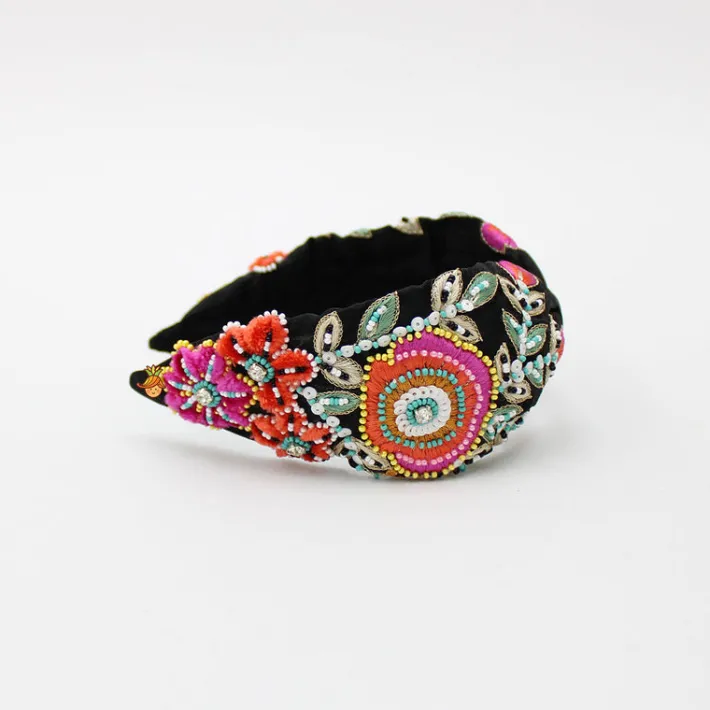 Online Intricate Multicolour Thread And Beads Embroidered Black Fancy Hair Band Hair Accessories | Hair Bands