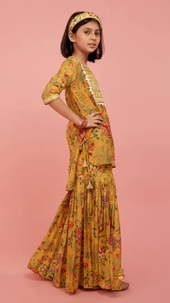 Best Intricate Yoke Gota Embroidered Mustard Printed Kurti And Pleated Sharara With Organza Sequined Dupatta Ethnic Wear | Palazzos & Shararas