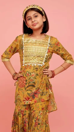 Best Intricate Yoke Gota Embroidered Mustard Printed Kurti And Pleated Sharara With Organza Sequined Dupatta Ethnic Wear | Palazzos & Shararas