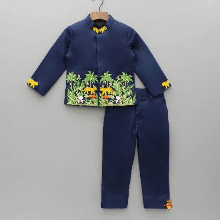 Online Jungle Theme Embroidered Blue Sherwani With Pant BOY Indian Ethnic Wear | Sherwani Sets