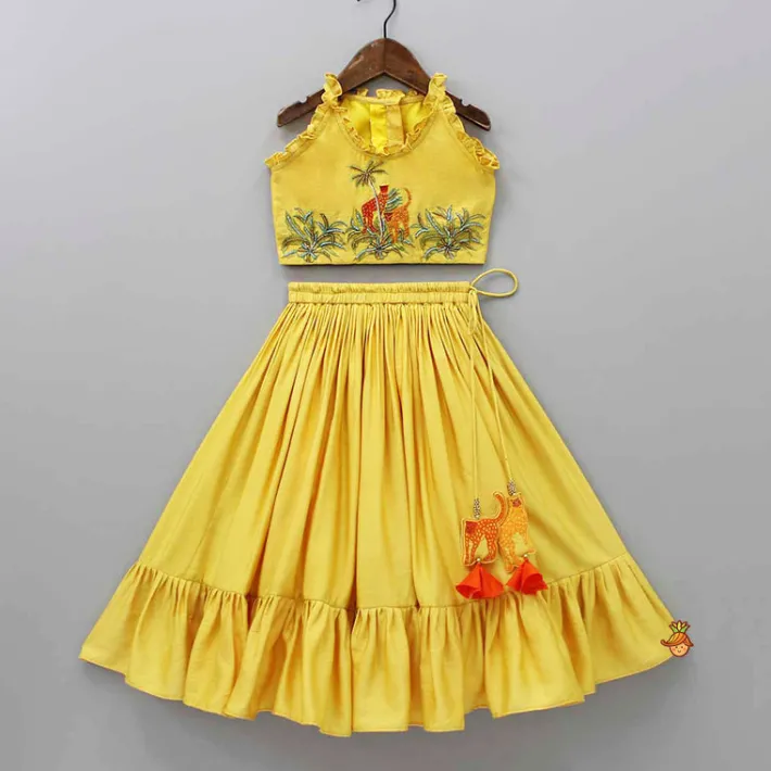 Hot Jungle Theme Embroidered Yellow Top And Flared Lehenga Ethnic Wear | Lehengas & Ghagras