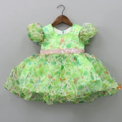 Fashion Jungle Theme Printed Green Puff Sleeves Dress With Sequined Belt Dresses & Sets | Dresses