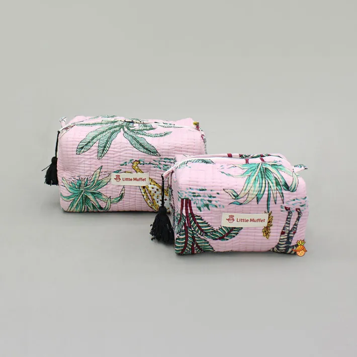 Clearance Jungle-Themed Printed Pink Pouch Bags - Set Of 2 Bags