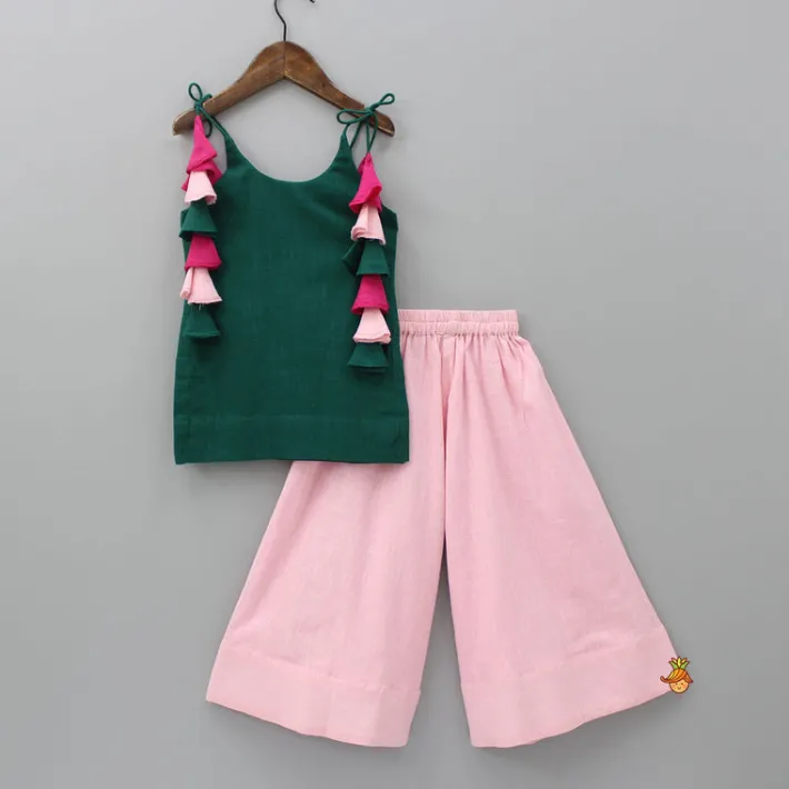 Sale Krishna Embroidered Tie Up Strap Kurti And Pink Flared Palazzo Ethnic Wear | Palazzos & Shararas