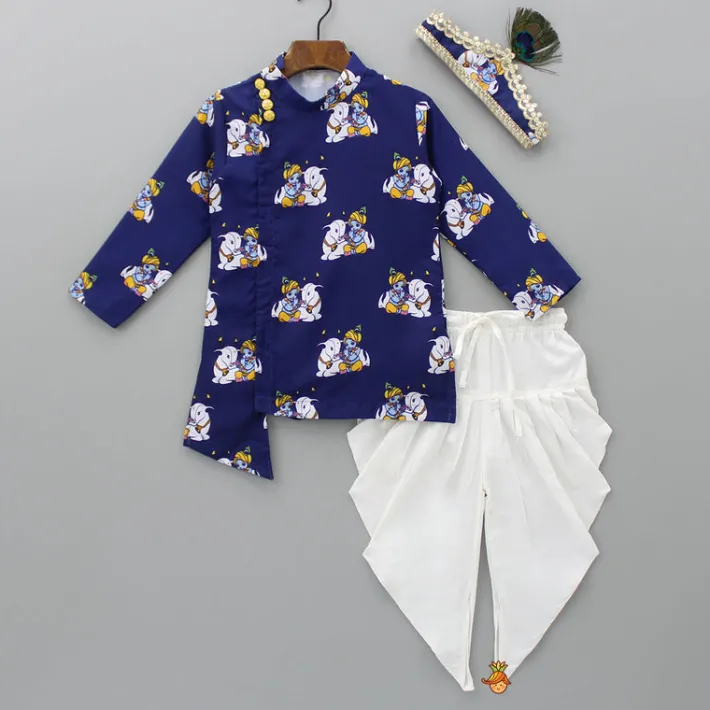 Outlet Krishna Printed Blue Kurta With Dhoti And Mukut BOY Indian Ethnic Wear | Ethnic Sets