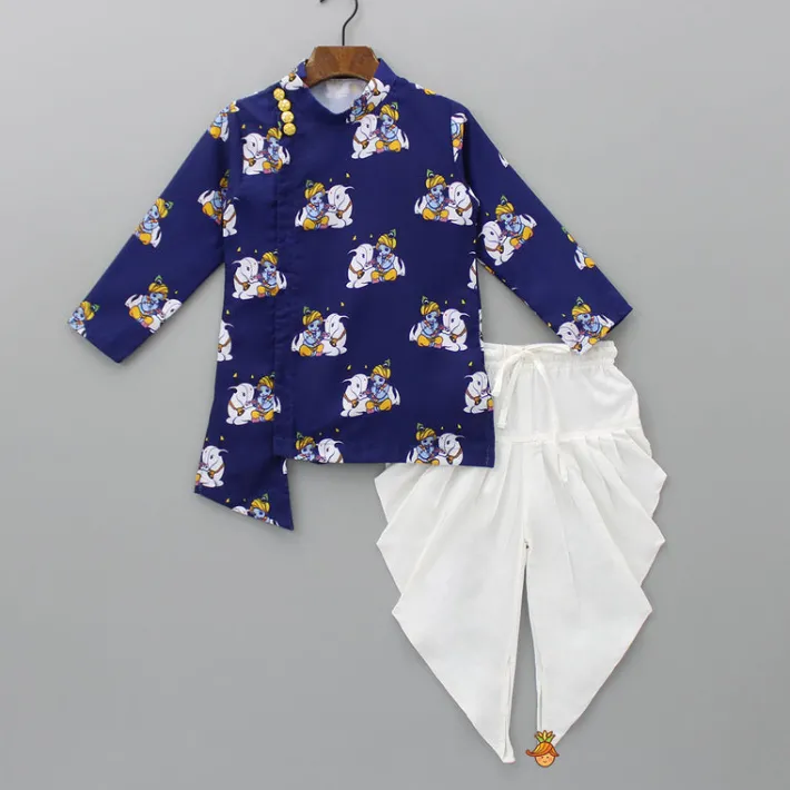 Outlet Krishna Printed Blue Kurta With Dhoti And Mukut BOY Indian Ethnic Wear | Ethnic Sets