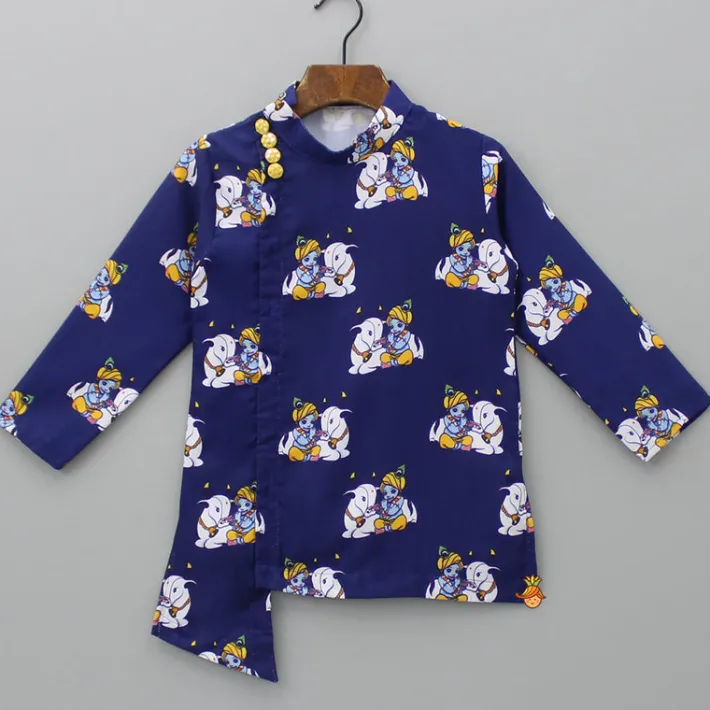 Outlet Krishna Printed Blue Kurta With Dhoti And Mukut BOY Indian Ethnic Wear | Ethnic Sets