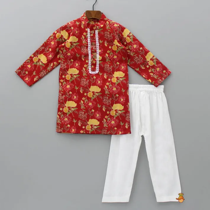 Discount Lace Detail Front Placket Red Printed Kurta And Pyjama BOY Indian Ethnic Wear | Ethnic Sets